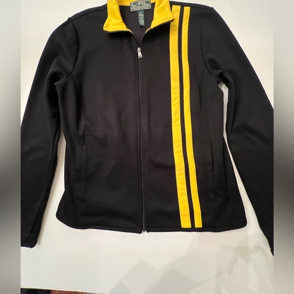 RALPH LAUREN POLO  BOYS INTERLOCK JACKET SIZE MEDIUM. BLACK WITH YELLOW INSERTS